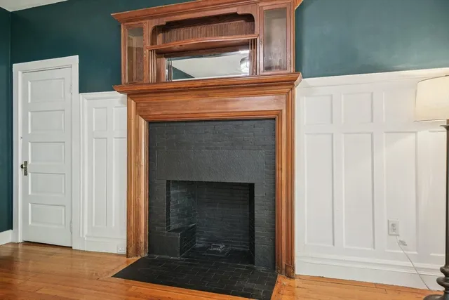 a living room with a fireplace