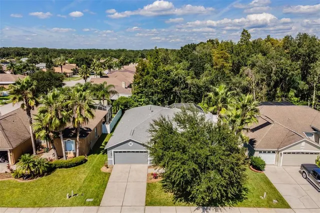 a view of a green field with trees