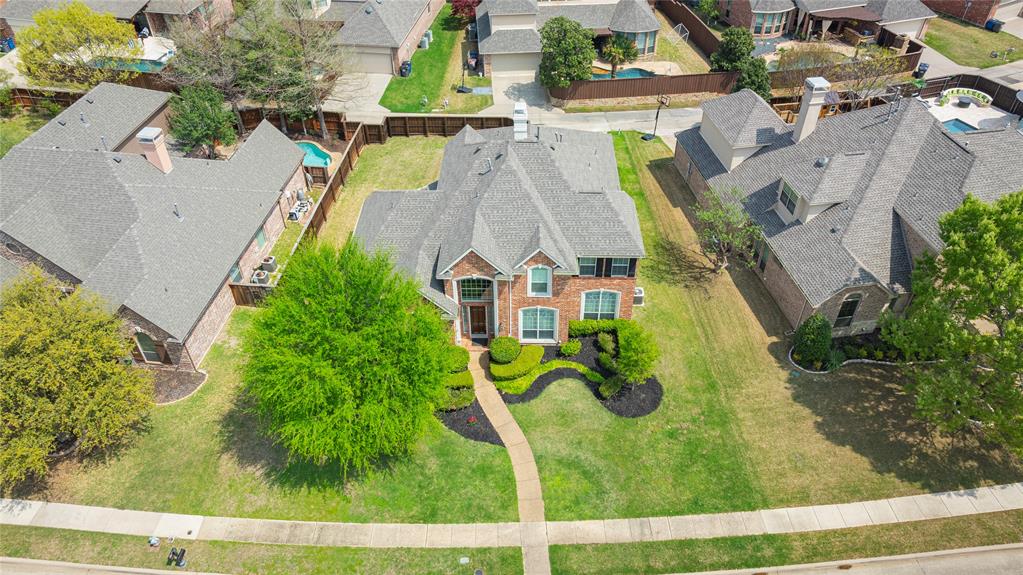 an aerial view of a swimming pool