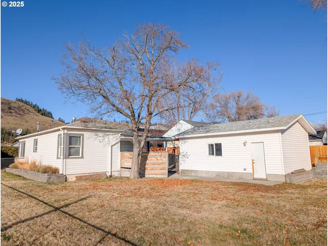a front view of a house with a large trees
