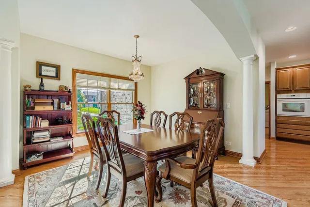 a view of a dining room with furniture