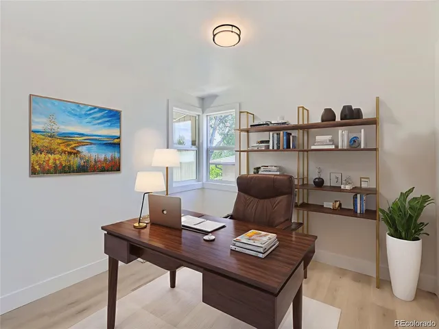 a workspace with furniture and lamp