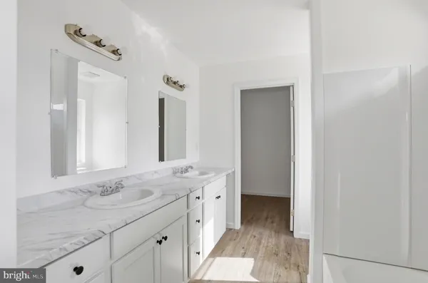a bathroom with a tub shower and vanity