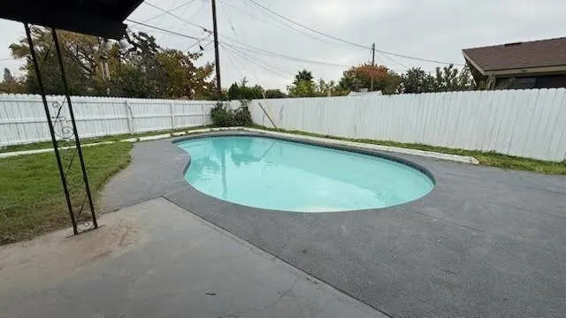 a view of a swimming pool with a yard