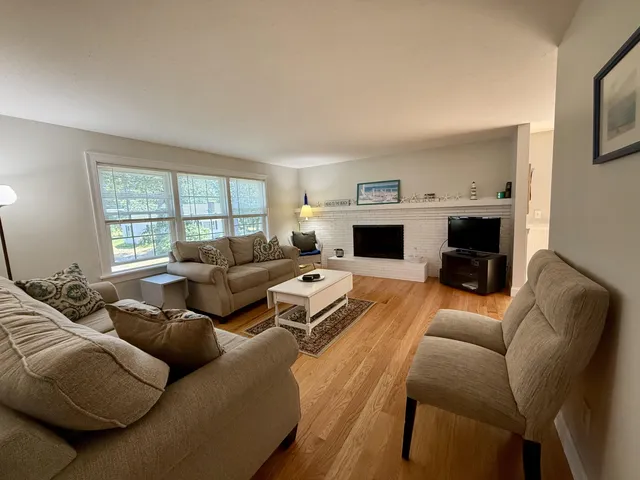 a living room with furniture window and a fireplace