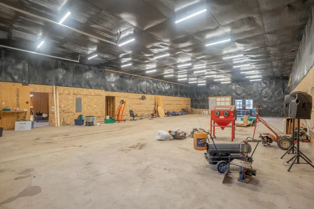 a view of a garage with storage