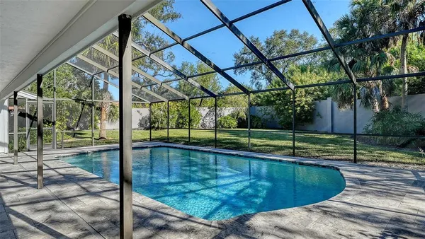 a view of a swimming pool with a yard