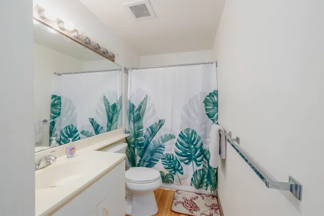 a view of bathroom with a potted plant on the counter and a toilet