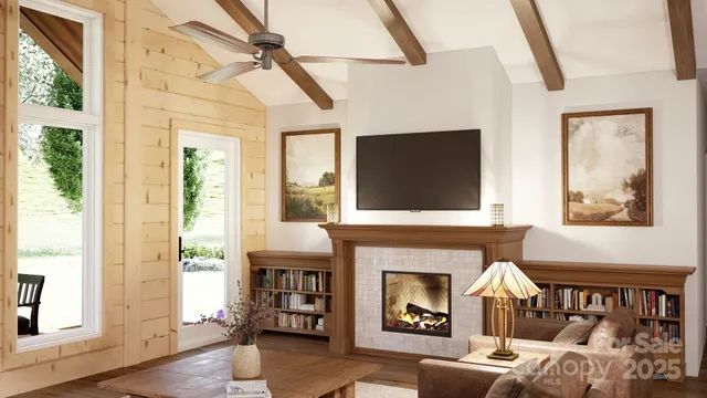 a living room with furniture a fireplace and a flat screen tv