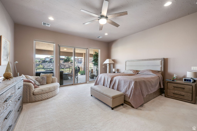 2376 Stone Crest Circle St. George, UT 84790 - Photo 23 of 61 Bedroom with light carpet, access to outside, ceiling fan, and recessed lighting