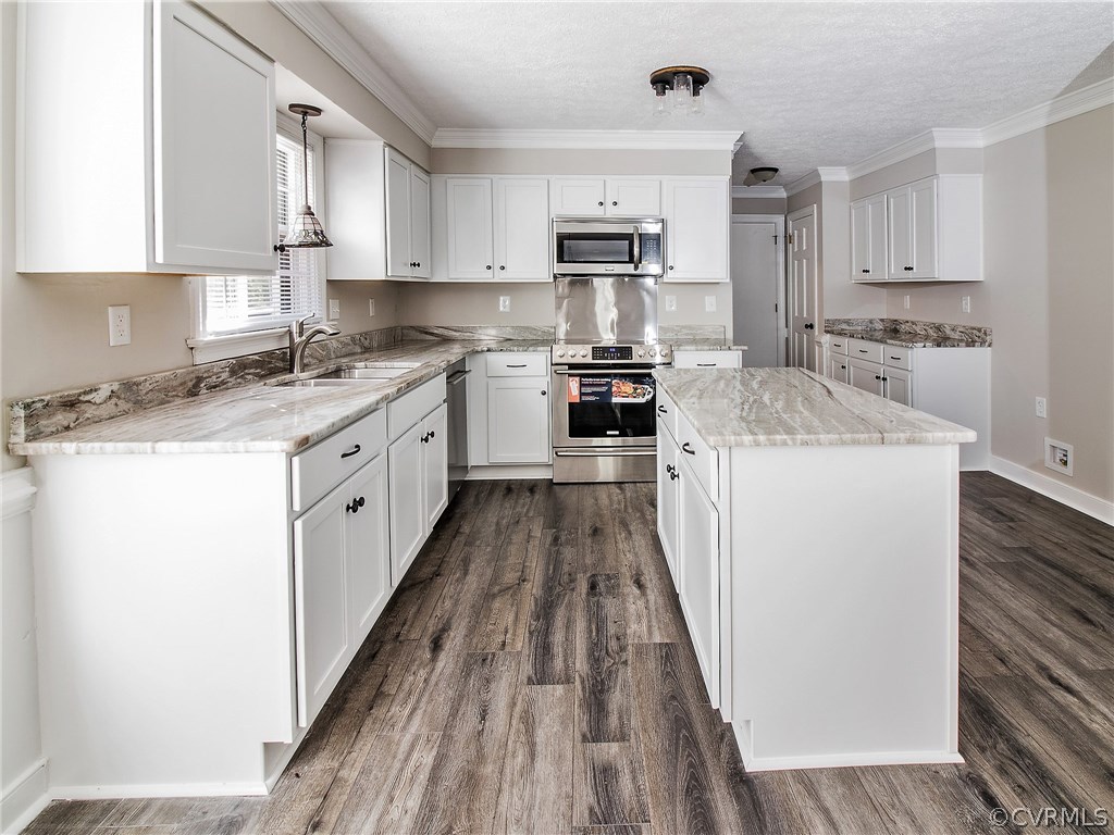 13301 Queensgate Road Midlothian, VA 23114 - Photo 6 of 20 a kitchen with stainless steel appliances granite countertop a stove top oven a sink a refrigerator white cabinets and wooden floor