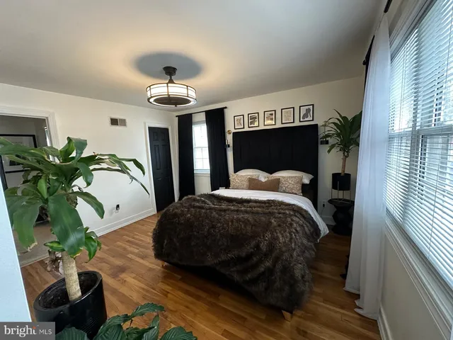 a bedroom with a bed dresser and a potted plant