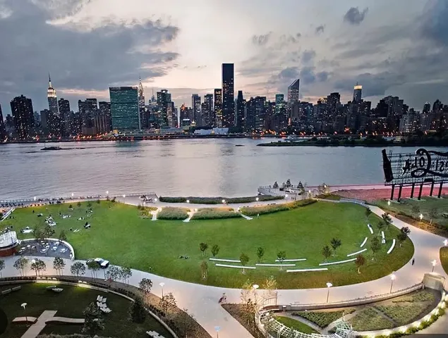 a view of a large building with a lake view