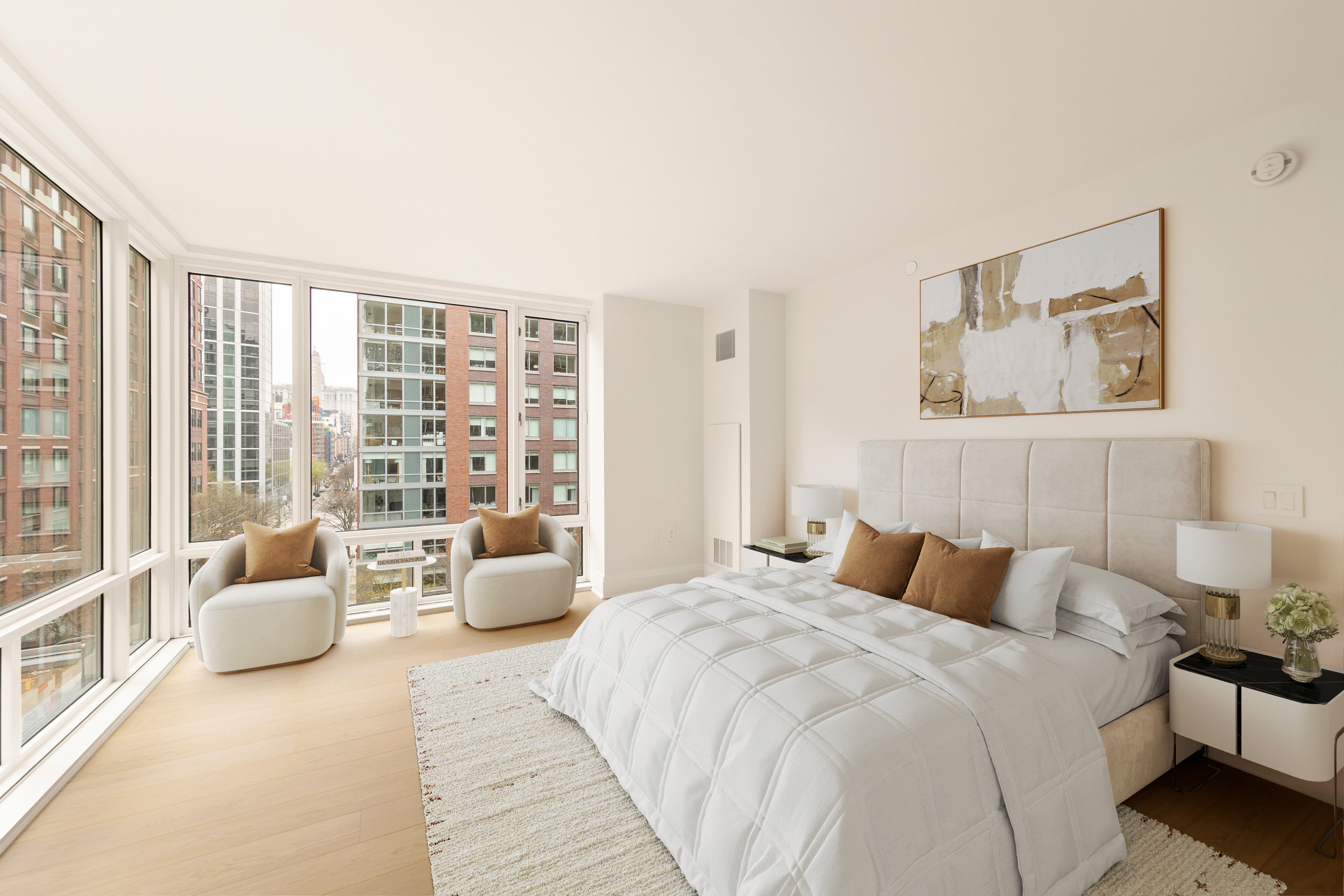 210 Warren Street, Unit 7A Manhattan, NY 10282 - Photo 5 of 9 a bedroom with furniture and large windows