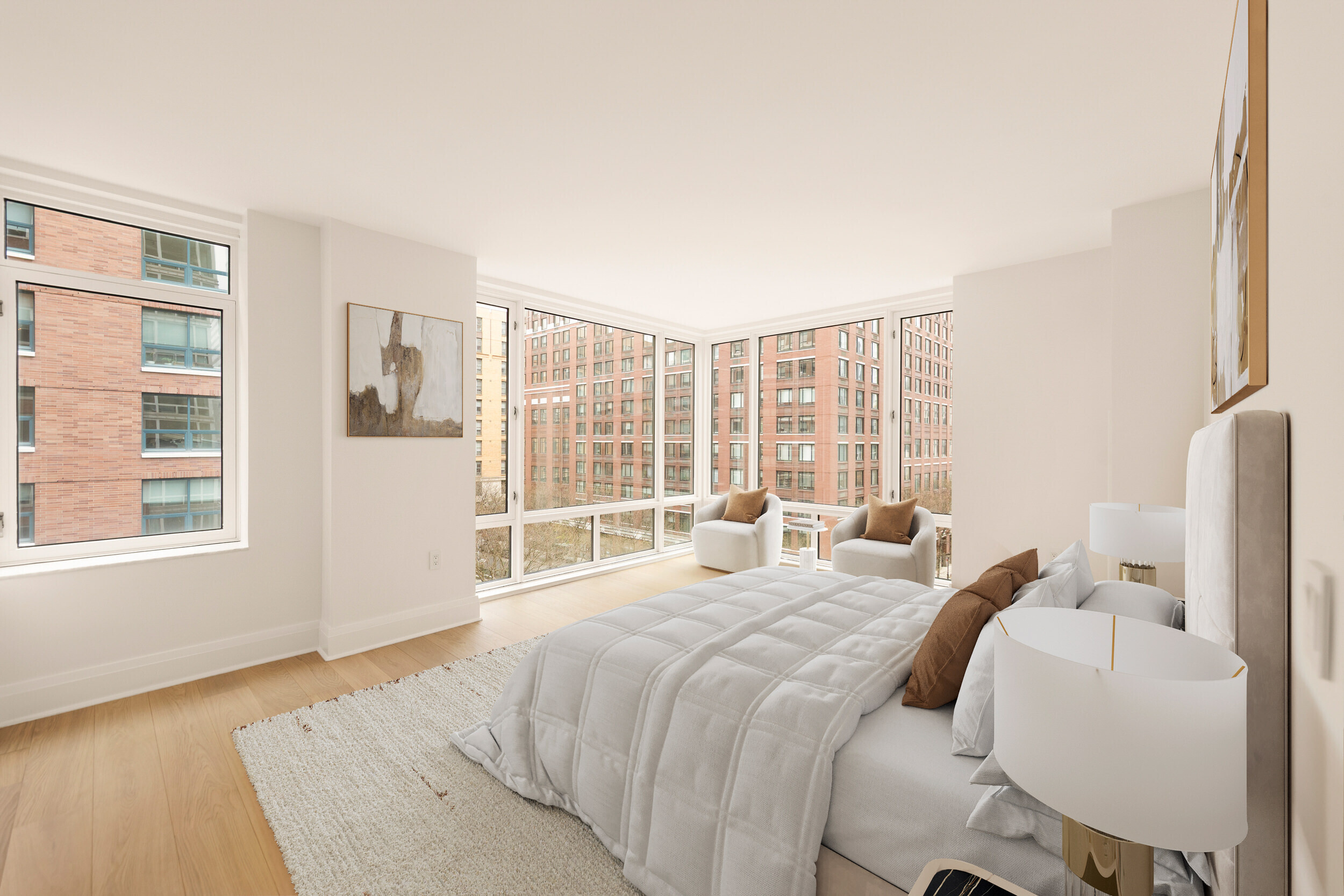 210 Warren Street, Unit 7A Manhattan, NY 10282 - Photo 6 of 9 a bedroom with a bed and a large window