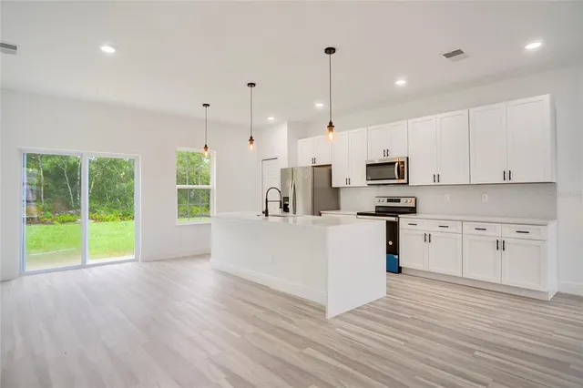 a kitchen with stainless steel appliances kitchen island wooden floors and white cabinets