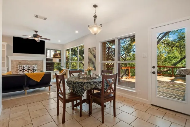 a view of a dining room with furniture window and outside view