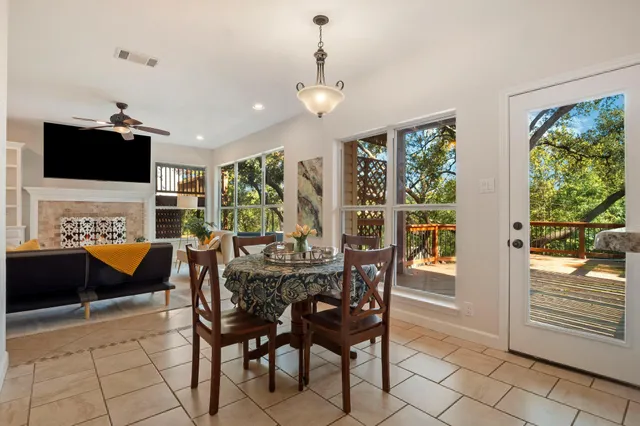 a view of a dining room with furniture window and outside view