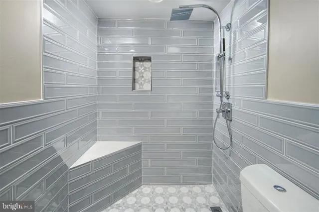a bathroom with a shower and a toilet