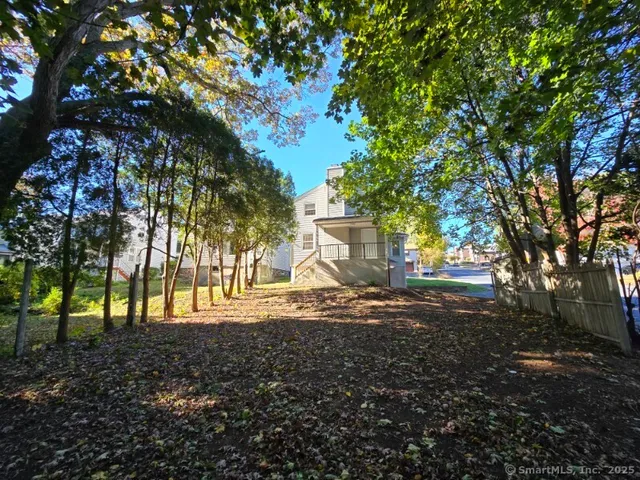 a view of a yard with plants and trees