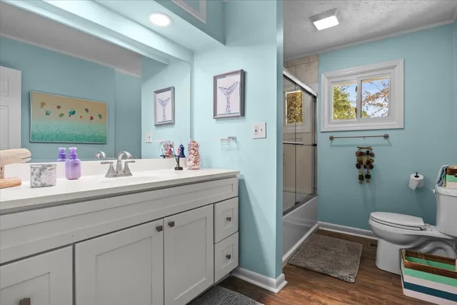 a bathroom with a sink mirror and toilet