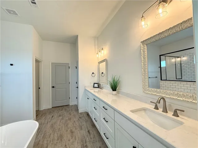a bathroom with a granite countertop sink shower double vanity and a mirror