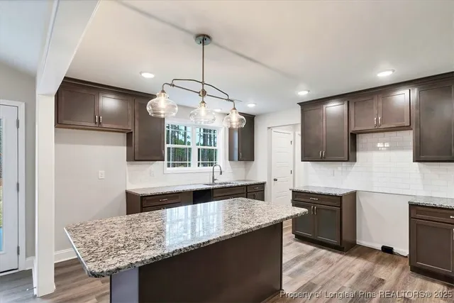 a kitchen with stainless steel appliances granite countertop cabinets a sink dishwasher a refrigerator and wooden floor
