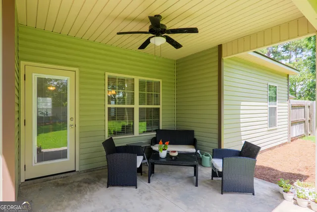 a building outdoor space with patio furniture