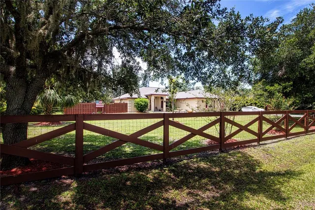 a view of trees and chairs in a backyard