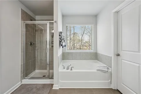 a bathroom with a bathtub and a shower