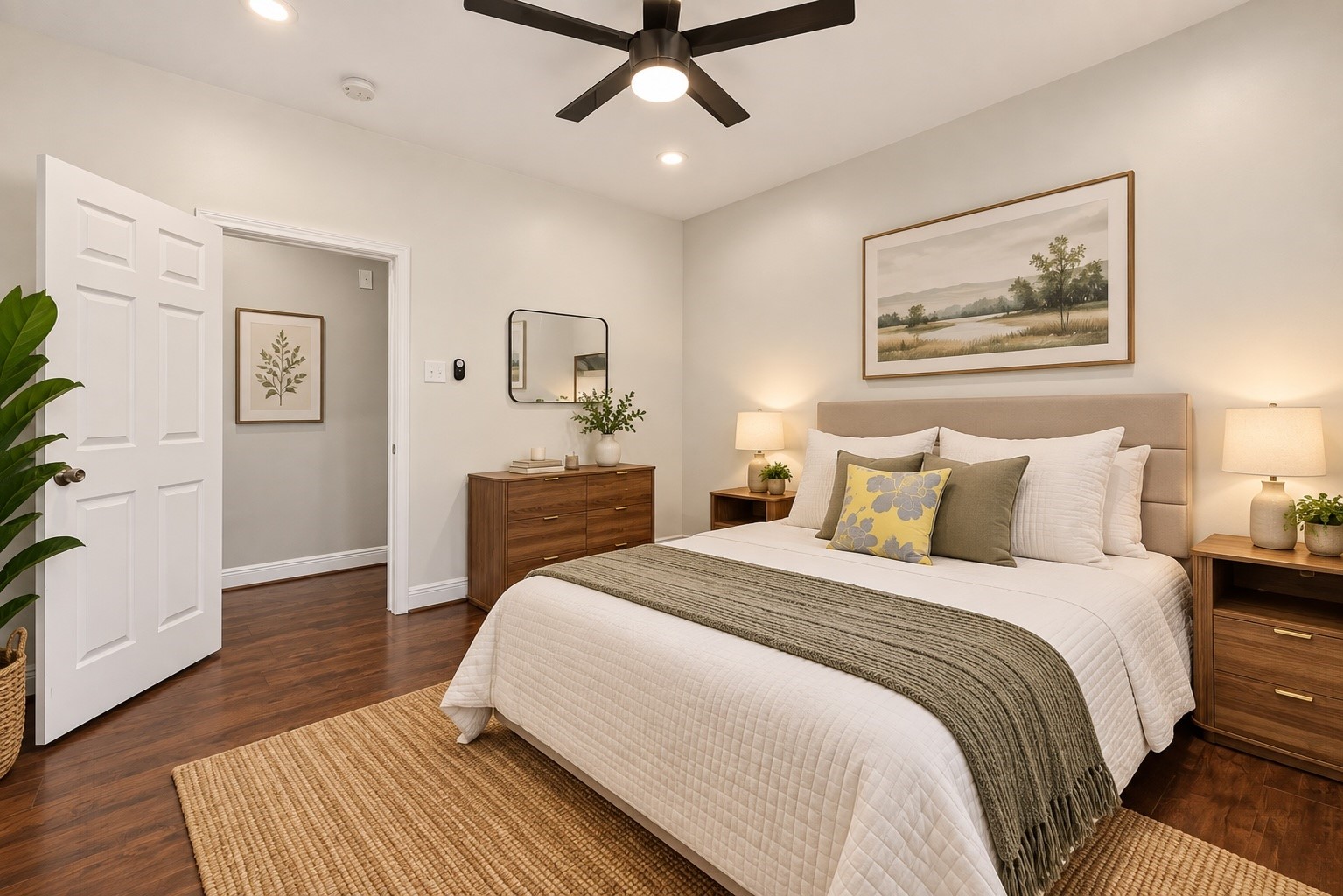 4401 Hain Street Houston, TX 77009 - Photo 13 of 22 Second view of the primary bedroom showing the room from the opposite angle and its connection to the hallway. Additional furnishings and accessories were virtually staged into the image.