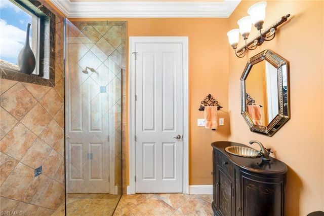 a bathroom with a sink a mirror and a shower