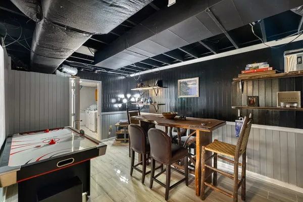 a view of a dining room with furniture