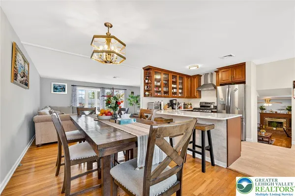 a view of a dining room with furniture
