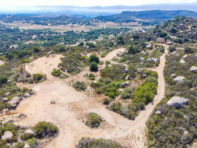 a view of a dry yard with green space