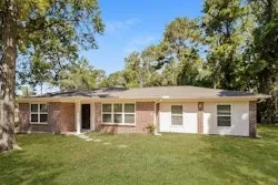 a view of a yard in front of a house with a large tree
