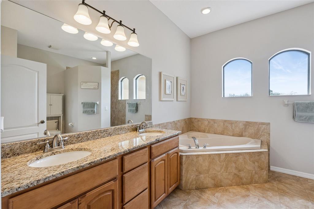 7139 Groveland Farms Road Groveland, FL 34736 - Photo 22 of 36 a bathroom with a granite countertop bathtub a double vanity sink and a mirror