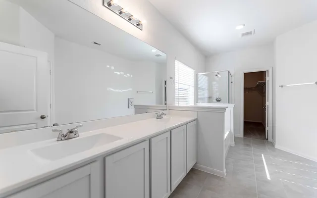 a bathroom with a sink double vanity and a mirror
