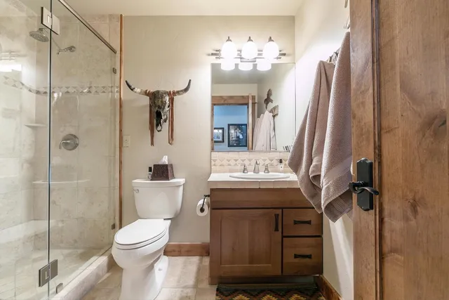 a bathroom with a sink a toilet and shower