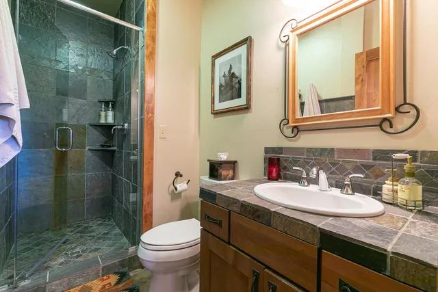 a bathroom with a sink a toilet and shower