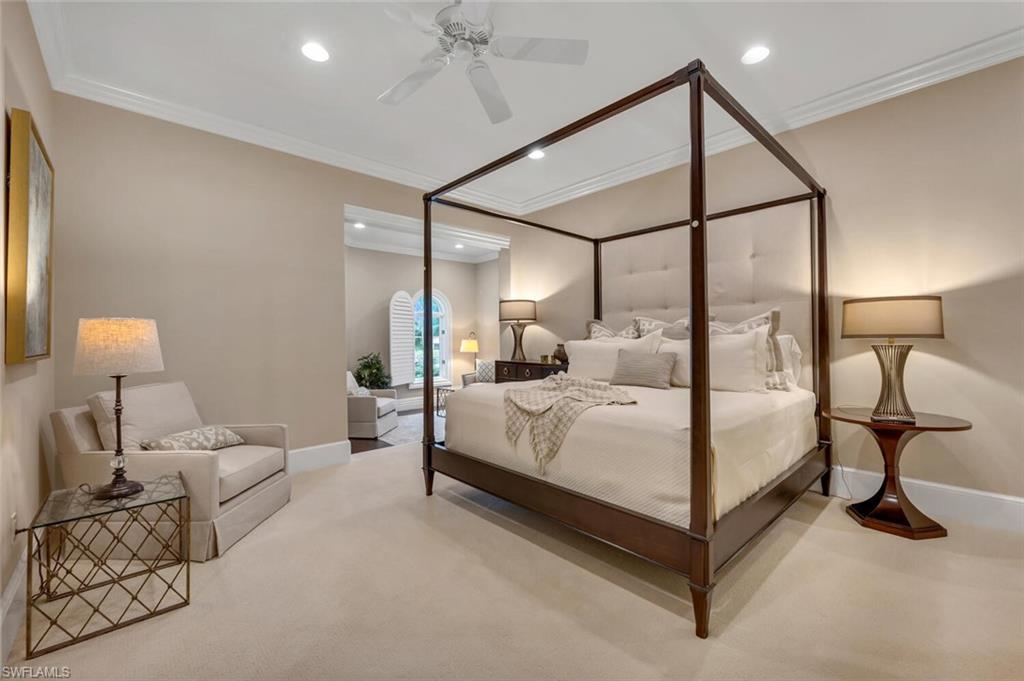 2125 Canna Way Naples, FL 34105 - Photo 25 of 43 Carpeted bedroom with ceiling fan, ornamental molding, and recessed lighting