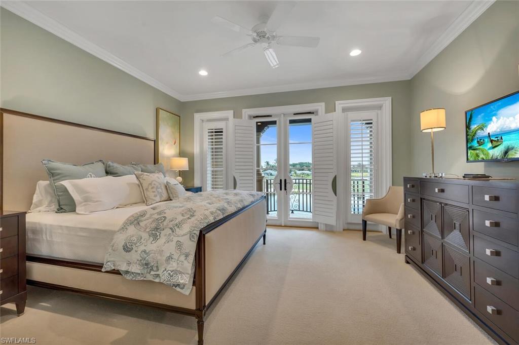 2125 Canna Way Naples, FL 34105 - Photo 26 of 43 Bedroom featuring french doors, access to exterior, light colored carpet, ceiling fan, and recessed lighting