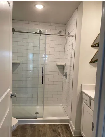 a bathroom with a shower and toilet