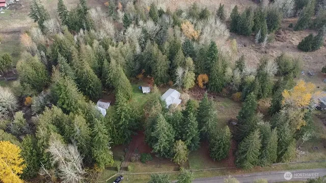 an aerial view of residential houses with outdoor space and trees