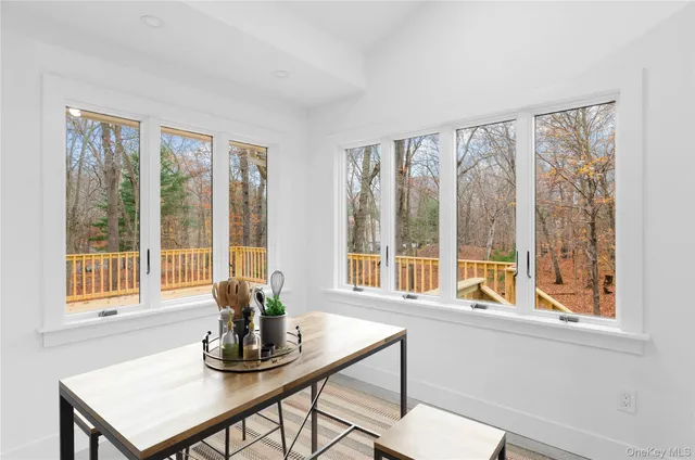a dining room with a window