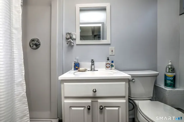 a bathroom with a sink toilet and mirror