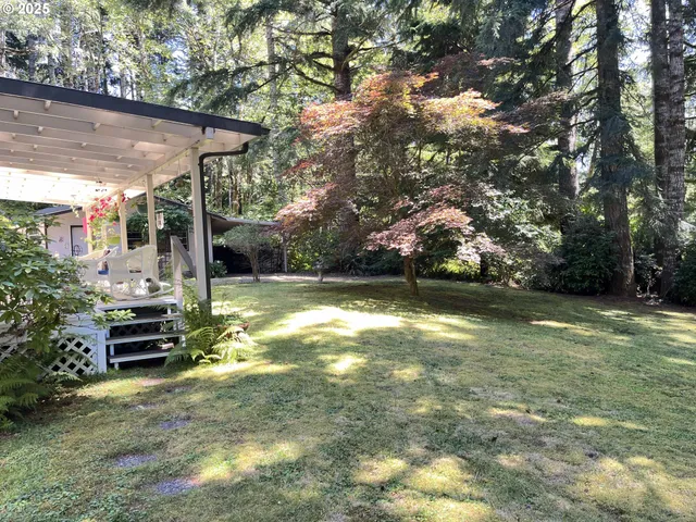 a garden view with a seating space