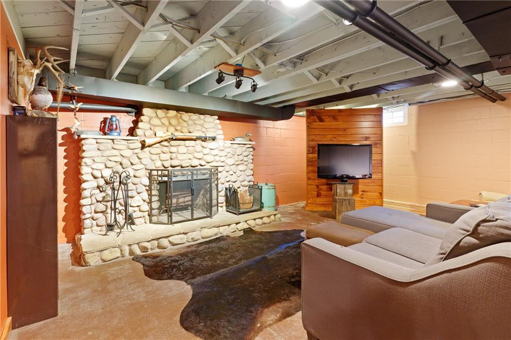 121 Jackson Street Harmony, PA 16037 - Photo 31 of 50 a living room with furniture a fireplace and a flat screen tv