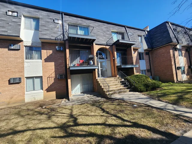 a view of a backyard with large trees