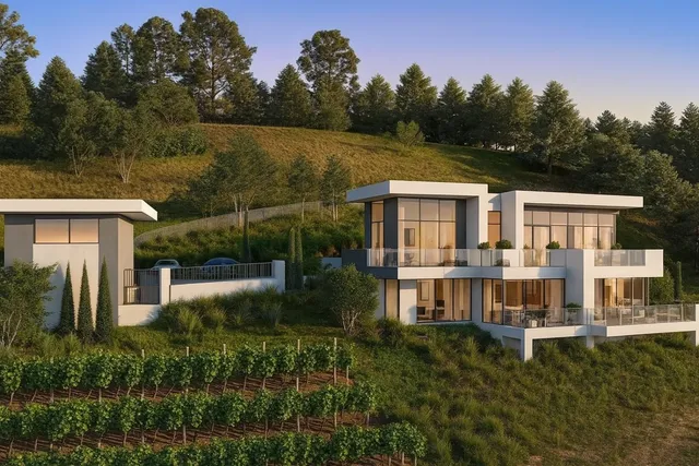a aerial view of a house with balcony and garden